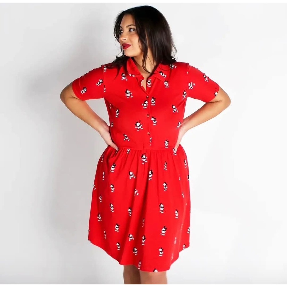 Cakeworthy Mickey Mouse Dress Womens 2XL Red Button Front Short Sleeve Disney